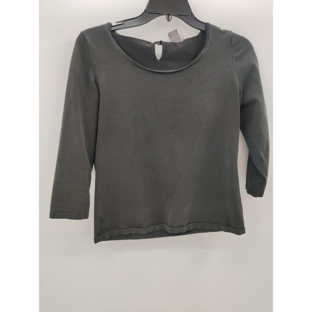 Ann Taylor Black 3/4 Sleeve Knit Top Scoop Neck Keyhole Back Pointelle Details